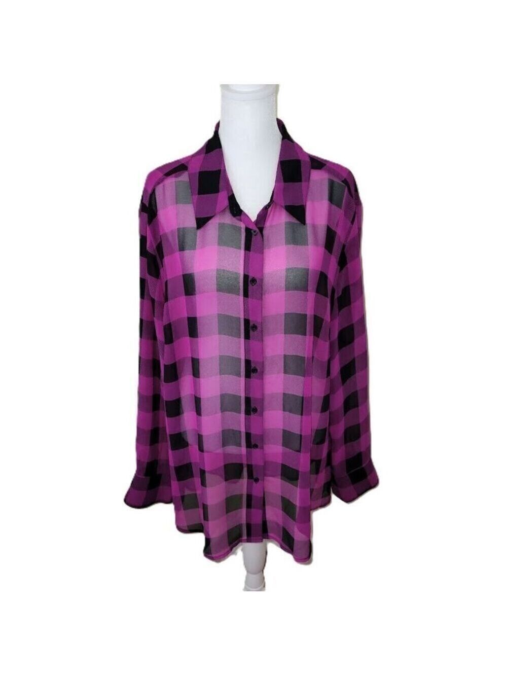 Lane Bryant Sheer Plaid Chiffon Blouse Long Sleeve Fuchsia & Black Size 18/20